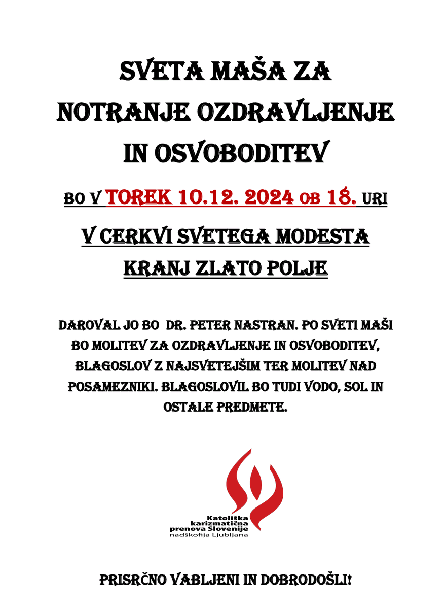 Krscanski_mozje's tweet photo. #Vabilo DANES, torek 10.12. 2024 ob 18. uri
SVETA MAŠA ZA NOTRANJE OZDRAVLJENJE IN OSVOBODITEV
V CERKVI SVETEGA MODESTA KRANJ ZLATO POLJE https://t.co/N7yDHAgqcu