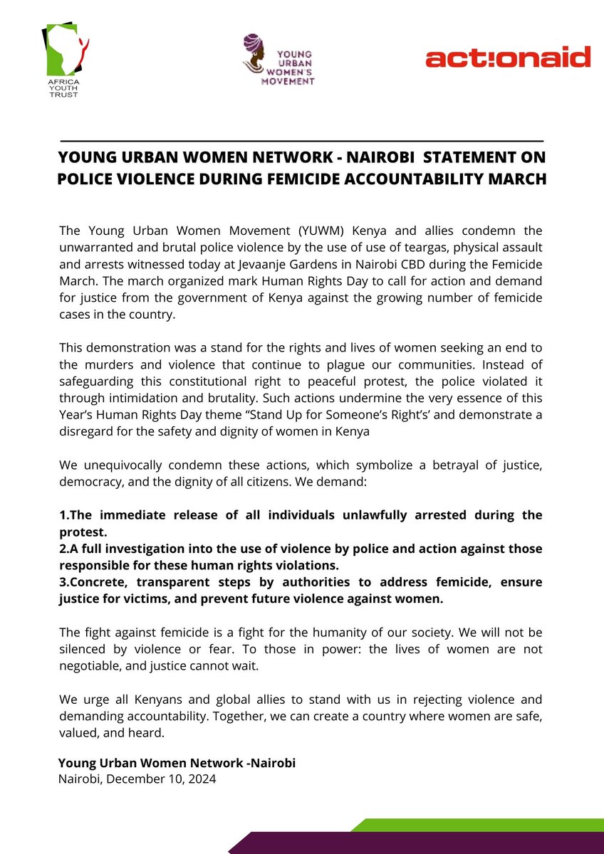 Africa Youth Trust (@ayt_org) on Twitter photo The YUWM Nairobi condemns the brutal police violence during today’s Femicide March at Jevanjee Gardens. Peaceful protestors demanding justice for rising femicide cases faced teargas, assault, & arrests.
We demand accountability & action!
#EndFemicide <a href="/YUWMajengo/">Young Urban Women -Majengo</a> The YUWM Nairobi condemns the brutal police violence during today’s Femicide March at Jevanjee Gardens. Peaceful protestors demanding justice for rising femicide cases faced teargas, assault, & arrests.
We demand accountability & action!
#EndFemicide <a href="/YUWMajengo/">Young Urban Women -Majengo</a>