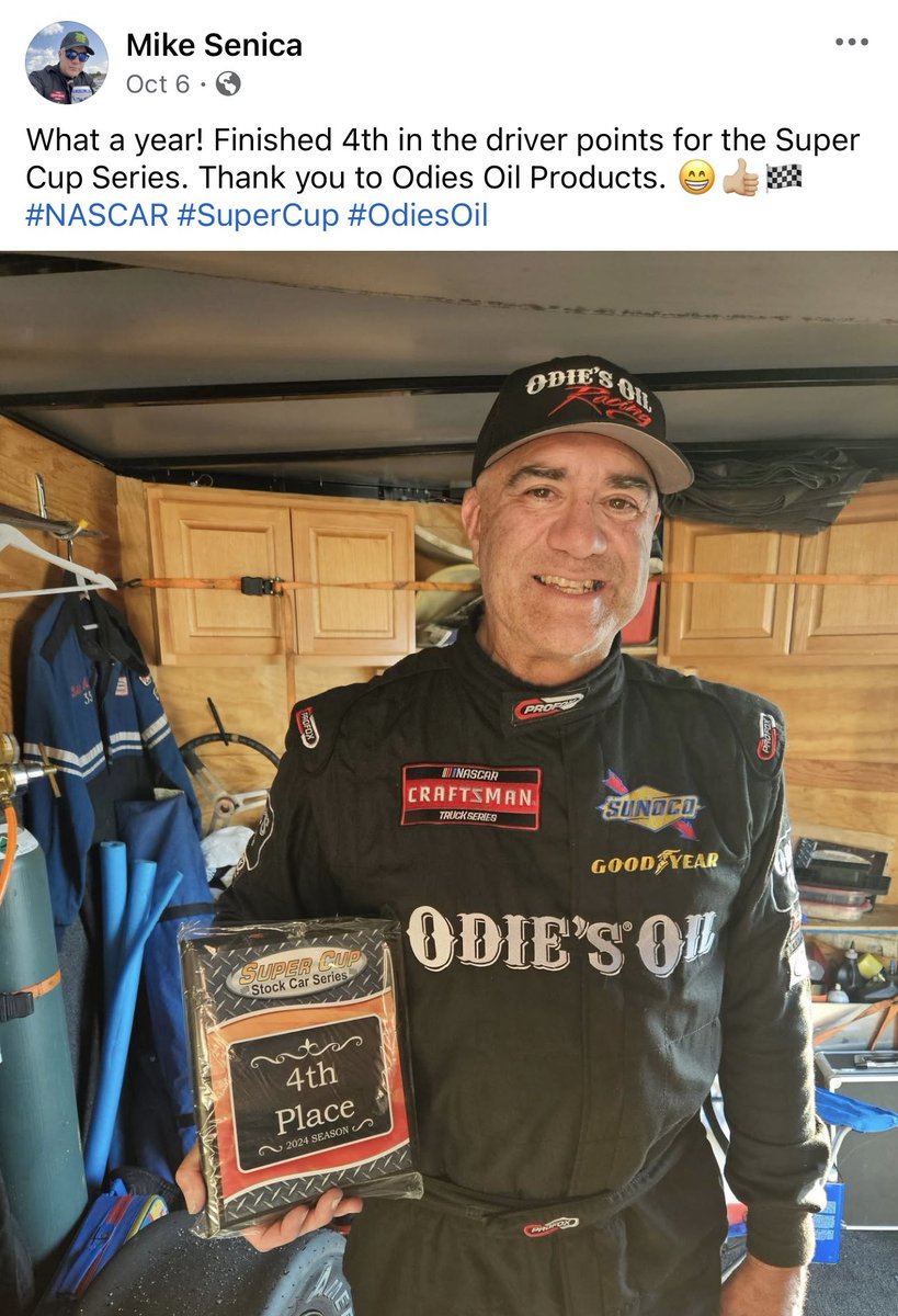 DriverReference's tweet image. Nothing touts success like an ill fitting fire suit from @PROFOXRACING with a “sponsorship” from @OdiesOil celebrating a 4th place finish in a field of less than 8. Insanity. @SCSCSRacing be better. Lord knows senica can’t. He’s parked by nascar. Slow. Old & irrelevant. 🏴