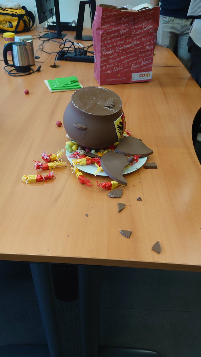 ManiSteinCH's tweet photo. AT the end of the #CCIA group meeting, following the Geneva tradition, the "Marmit" had to be destroied by the oldest and the yougest memember of the group. We were succesfull (after a second try). https://t.co/86BBgDcyHn