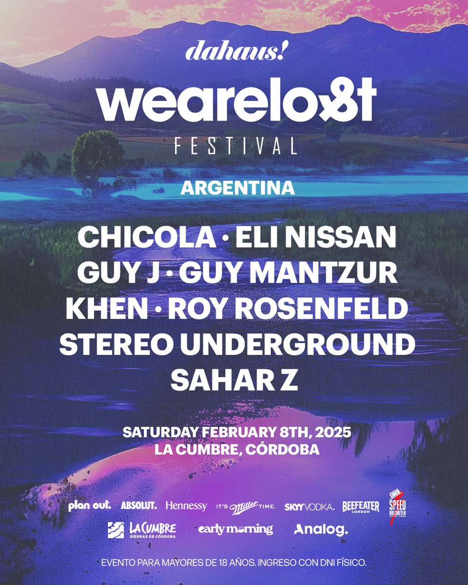 WE ARE LOST FESTIVAL ARGENTINA 2025 x DAHAUS

Preventa inscribiéndote acá: forms.gle/roAzpb6sEsW8ca…
Venta oficial miércoles 11/12 - 12hs en planout.com.ar

SÁBADO 8 FEBRERO - LA CUMBRE, CÓRDOBA.
-
Evento para mayores de 18 años. Ingreso con DNI físico.
