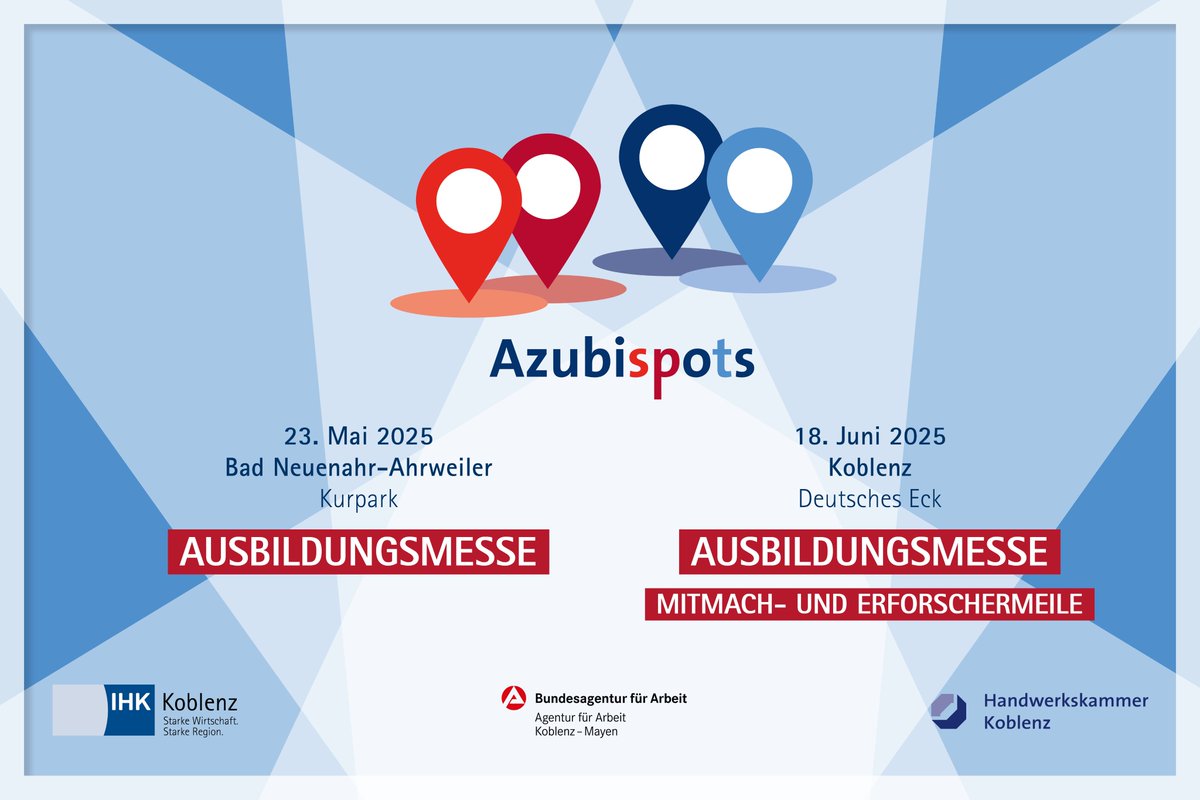 Auch im nächsten Jahr veranstalten IHK, HwK Koblenz und Agentur für Arbeit Koblenz-Mayen die #Ausbildungsmessen "Azubispots":
Am 23.5. im Kurpark Bad Neuenahr-Ahrweiler und am 18. Juni am Deutschen Eck in Koblenz
arbeitsagentur.de/vor-ort/koblen…
Eindrücke aus 2024:
youtube.com/watch?v=4Qhn2V…