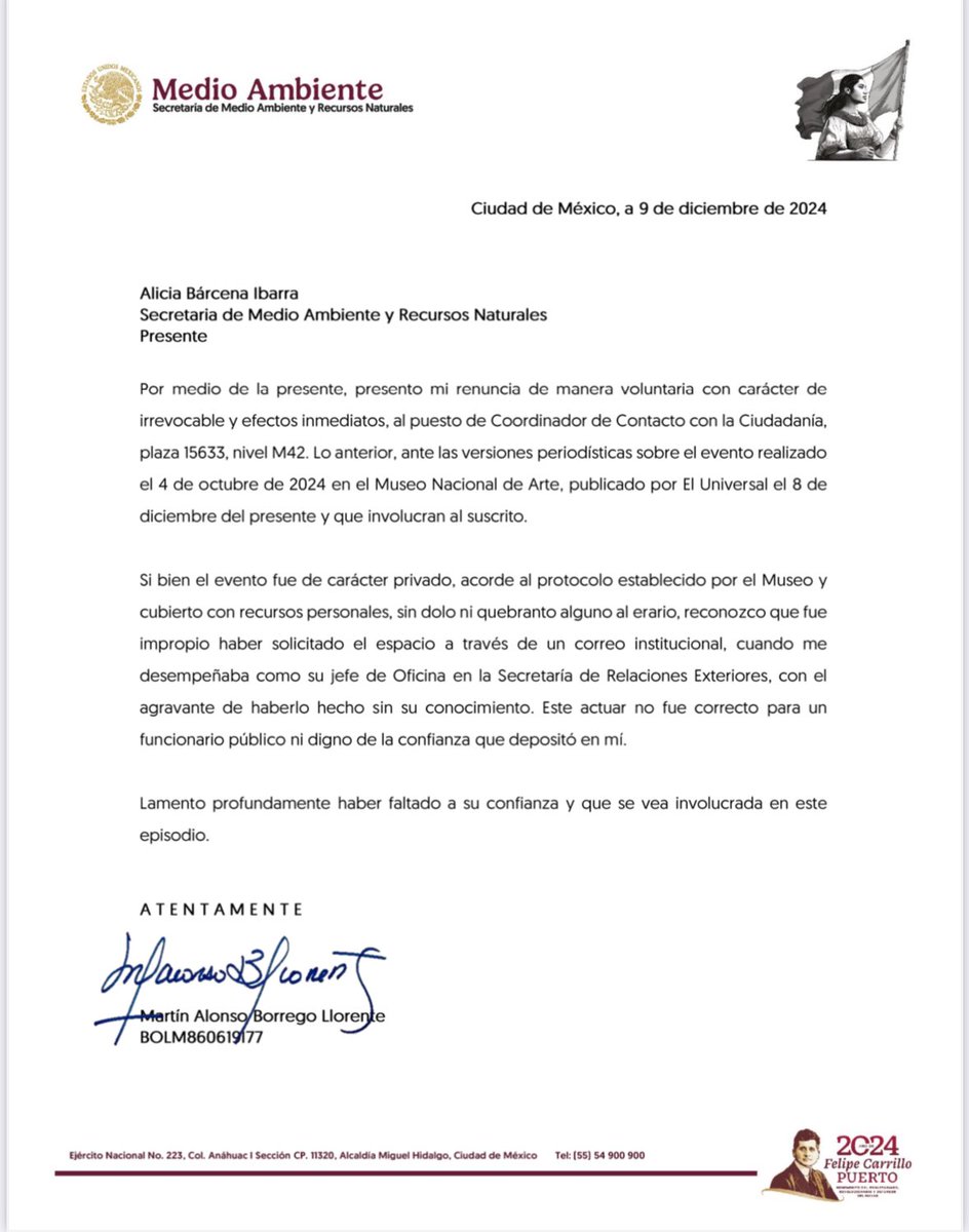 Fuentes me confirman que Martín Borrego ha presentado su renuncia a la secretaria de Medio Ambiente, Alicia Bárcena, tras el la revelación de su boda en el MUNAL.

Aquí la carta. 👇🏼