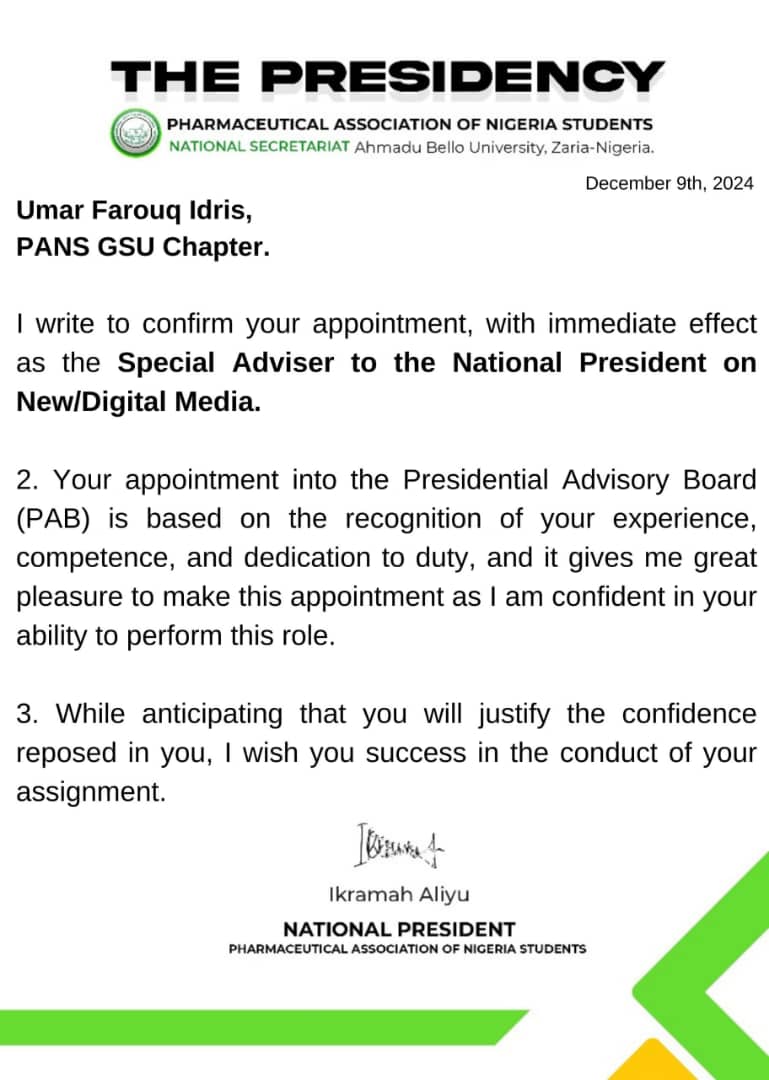 Pans_Gsu's tweet photo. Congratulations @RxFAROUQ  on your national appointment as the "SPECIAL ADVISER TO THE NATIONAL PRESIDENT ON NEW/DIGITAL MEDIA."

We trust you will do justice to this position the best

We are proud!! ✨ https://t.co/ZmFGKPz1Cn