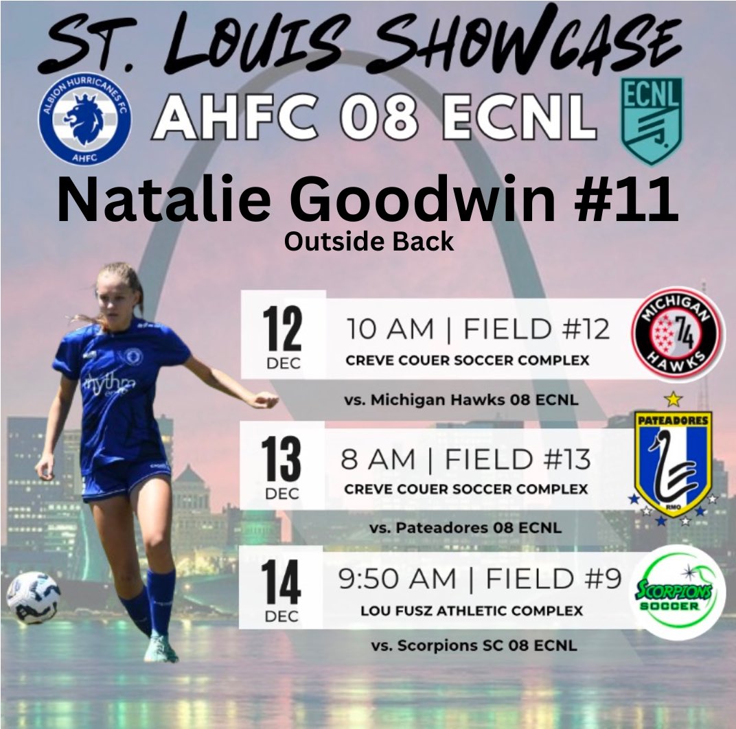 Natalie Goodwin (@natgoodwin11) on Twitter photo I am so excited to play with my team, <a href="/AHFC08ECNL/">Albion U17 ECNL (2008)</a> , in the #ECNLSTL winter showcase this week! Coaches, come see me play!
<a href="/ECNLgirls/">ECNL Girls</a> <a href="/ImYouthSoccer/">ECNL/GA/Recruiting/College Soccer</a> <a href="/ImCollegeSoccer/">College Soccer Truth ™</a> <a href="/PrepSoccerTX/">Prep Soccer Texas</a> <a href="/PrepSoccer/">Prep Soccer ⚽️</a> I am so excited to play with my team, <a href="/AHFC08ECNL/">Albion U17 ECNL (2008)</a> , in the #ECNLSTL winter showcase this week! Coaches, come see me play!
<a href="/ECNLgirls/">ECNL Girls</a> <a href="/ImYouthSoccer/">ECNL/GA/Recruiting/College Soccer</a> <a href="/ImCollegeSoccer/">College Soccer Truth ™</a> <a href="/PrepSoccerTX/">Prep Soccer Texas</a> <a href="/PrepSoccer/">Prep Soccer ⚽️</a>