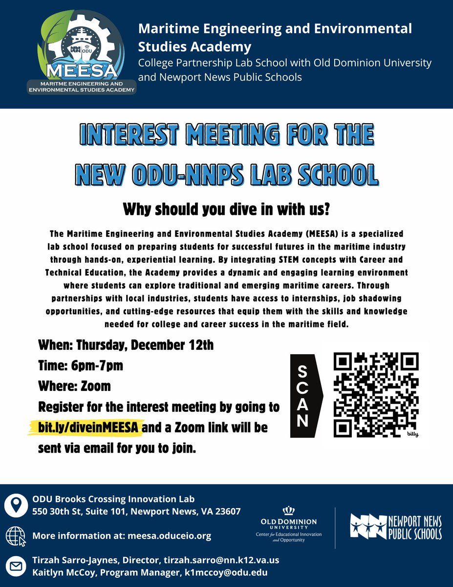 🚨 Attention parents! 🌊⚓ Join us for a Parent Info Session about the Maritime Engineering &amp; Environmental Studies Academy!

🗓 Dec 12 | 🕕 6-7 PM
💻 Zoom (Link sent after registration)
🔗 Register: bit.ly/diveinMEESA