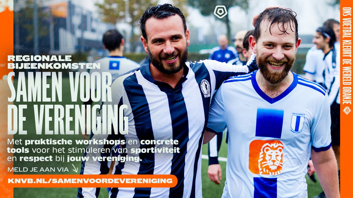 KNVB's tweet photo. Wil jij voor jouw vereniging aan de slag gaan met het stimuleren van sportief gedrag en respectvol met elkaar omgaan? Van eind januari tot en met begin april vinden door heel Nederland bijeenkomsten plaats met als thema ‘Samen voor de vereniging’. ⤵️
 
Meer info & aanmelding: https://t.co/oYt12P7Lxe 🔗