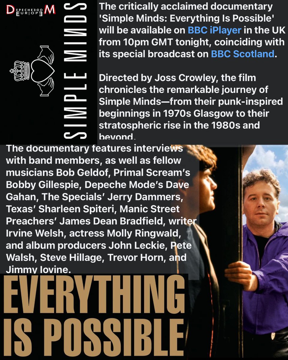 dmforumeu's tweet image. The documentary features interviews with band members, as well as fellow musicians Bob Geldof, Primal Scream's Bobby Gillespie, #DepecheMode 's #DaveGahan , The Specials' Jerry Dammers, Texas' Sharleen Spiteri, Manic Street Preachers' James Dean Bradfield… 
#SimpleMinds