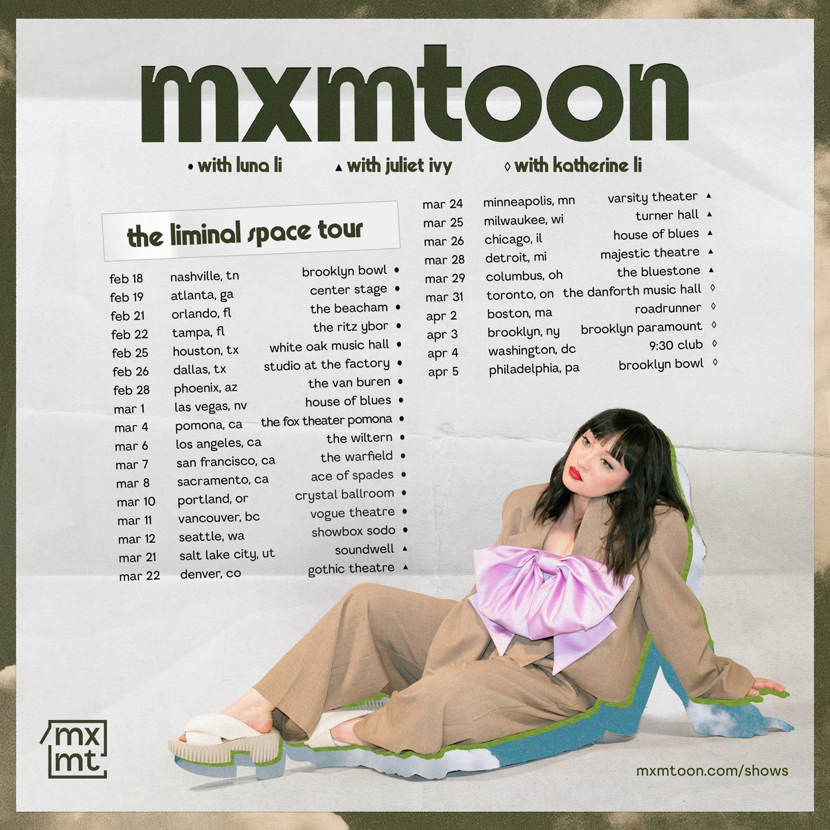 mxmtoon's tweet photo. sooooooo beyond excited to announce that @lunaliband @jiulet &amp; @KatherineLii will be joining me on the north american run of the liminal space tour :) can’t wait to hit the road with these people and see all of your beautiful faces!!! get tickets at https://t.co/i6JB8hTcg3 <3 https://t.co/vUBJvFLnvB