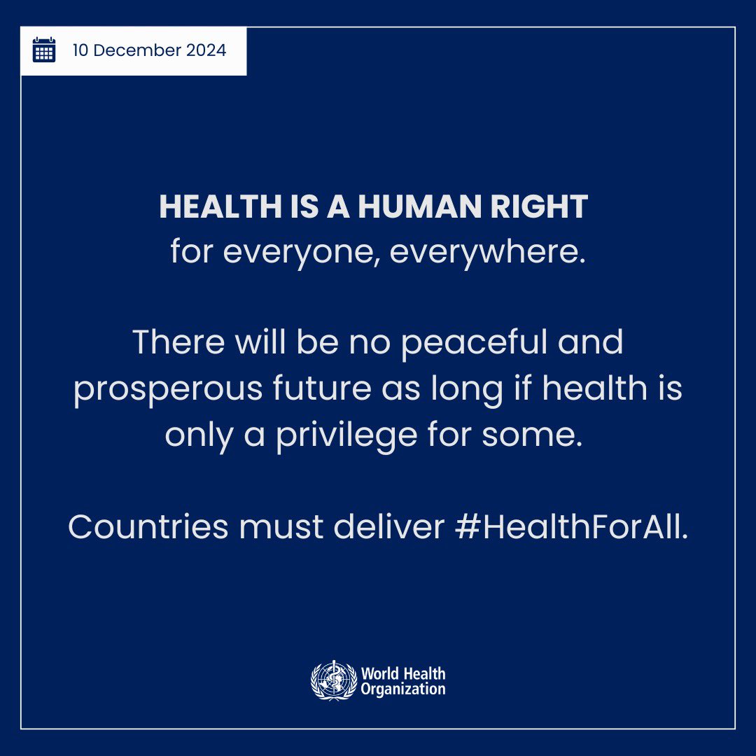 Tedros Adhanom Ghebreyesus (@drtedros) on Twitter photo On #HumanRightsDay, <a href="/WHO/">World Health Organization (WHO)</a>'s message is clear:
HEALTH IS A HUMAN RIGHT for everyone, everywhere.
There will be no peaceful and prosperous future as long if health is only a privilege for some. Countries must deliver #HealthForAll. On #HumanRightsDay, <a href="/WHO/">World Health Organization (WHO)</a>'s message is clear:
HEALTH IS A HUMAN RIGHT for everyone, everywhere.
There will be no peaceful and prosperous future as long if health is only a privilege for some. Countries must deliver #HealthForAll.