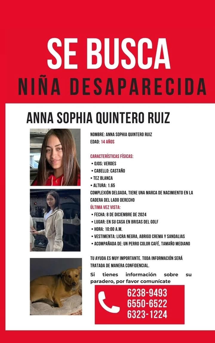 vecinosdebrisas's tweet photo. Anna Sophia Quintero Ruiz está desaparecida desde el 8 de diciembre, junto a su perro en Brisas del Golf, por favor difundir
@AlcaldiadeSm_ @JCRufinalfaro @rufinaalfarone1 @MibarrioSm https://t.co/DSZ4mJnZw6