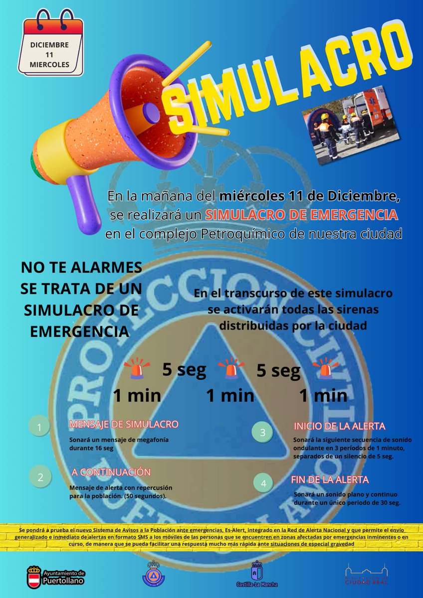 PuertoLocal092's tweet photo. Mañana 11 de diciembre se realizara durante la mañana un simulacro de emergencia en el complejo industrial de #Puertollano oirás las sirenas de aviso a la población que emitirán sonidos y avisos de voz no te alarmes, escúchalas!!
Se trata de un simulacro.
@aytopuertollano @112clm https://t.co/cvdD04blnQ