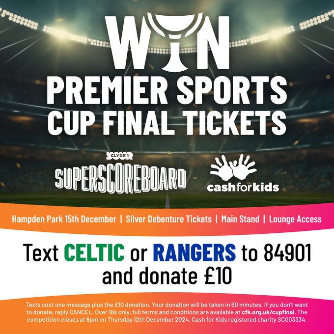 Clyde 1 Superscoreboard (@clydessb) on Twitter photo 🕗 Time is running out to win tickets to the Premier Sports Cup Final
💰 You can head to the game while raising money for
<a href="/CashforKidsWest/">Cash for Kids West Scotland</a>
All the details are below 👇
hellorayo.co.uk/clyde/charity/… 🕗 Time is running out to win tickets to the Premier Sports Cup Final
💰 You can head to the game while raising money for
<a href="/CashforKidsWest/">Cash for Kids West Scotland</a>
All the details are below 👇
hellorayo.co.uk/clyde/charity/…