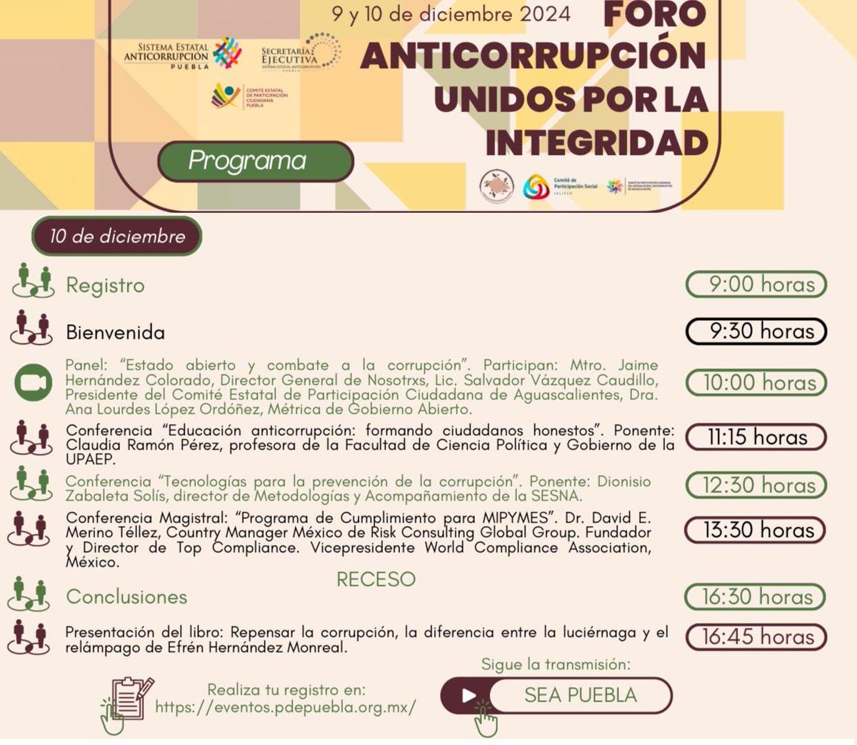 No te pierdas hoy el segundo día de actividades del Foro Anticorrupción: Unidos por la Integridad. Acompáñanos de manera presencial en el <a href="/CienPuebla/">CIEN Puebla</a> o sigue la transmisión en: youtube.com/@seapuebla4817… 
<a href="/CEPCPuebla/">Comité de Participación Ciudadana Puebla</a>