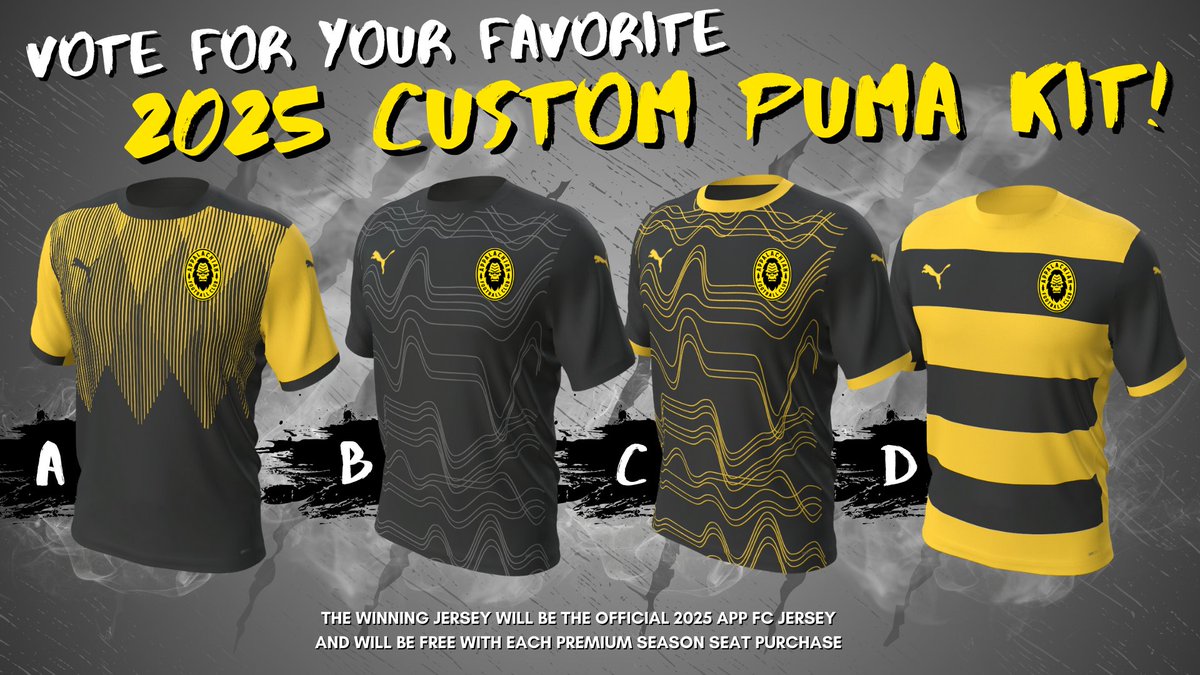 Your 2025 custom jersey choices are live! Drop us a comment 👇 or visit appalachianfc.com/jersey-vote to make your vote official! (Voting will close Dec. 31st) 
👣👕👣💛🖤⚽️
<a href="/thesquatchguard/">thesquatchguard</a>
<a href="/MastStore/">Mast General Store</a>
@GraystoneLodge
<a href="/harmonytimbers/">harmonytimberworks</a> 
<a href="/SUBWAY/">Subway®</a> of Boone
<a href="/AppOrthoDrBen/">Benjamin Parker, MD</a>
<a href="/bubblescarwash/">Bubbles Car Wash</a>