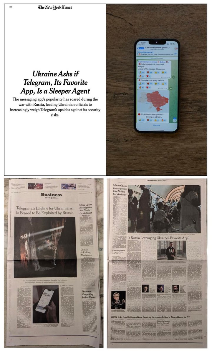 YaroslavAzhnyuk's tweet photo. A major feature in @nytimes: "Ukraine Asks if Telegram, Its Favorite App, Is a Sleeper Agent"

This extensive article is on the front page of the Business section in the print edition, complete with numerous photos and details. As a friend from the US put it, "That's (what they used to say in the newspaper biz) a lotta ink."

A huge thank you to Paul Mozur and Sasha Maslov for their work on this piece. Thanks also to @yarlyur, who consistently addresses Telegram-related issues in the Ukrainian Parliament and provided comments for the article. Both Nazar Tokar and I contributed extensively to this material as well. Special thanks to the members of the Kremlingram community, who tirelessly gather and continue to unearth information about the risks associated with Telegram and its ties to the Kremlin.

The article doesn't present anything "explosive" or new for us Ukrainians—it is a well-compiled summary of facts long known to us, illustrating how difficult it is for legislators to address this Trojan Horse entrenched in the pockets of 70% of Ukrainians.

However, it offers much new for NYT readers.  

Plenty of information was left out of the article, and, as always, it was challenging to independently verify some of the claims, even for the NYT team.

But I’m convinced we’ll see more articles like this in the future, followed by concrete actions.

Thanks to everyone involved!

The full article is available here: https://t.co/VqY155q4wN