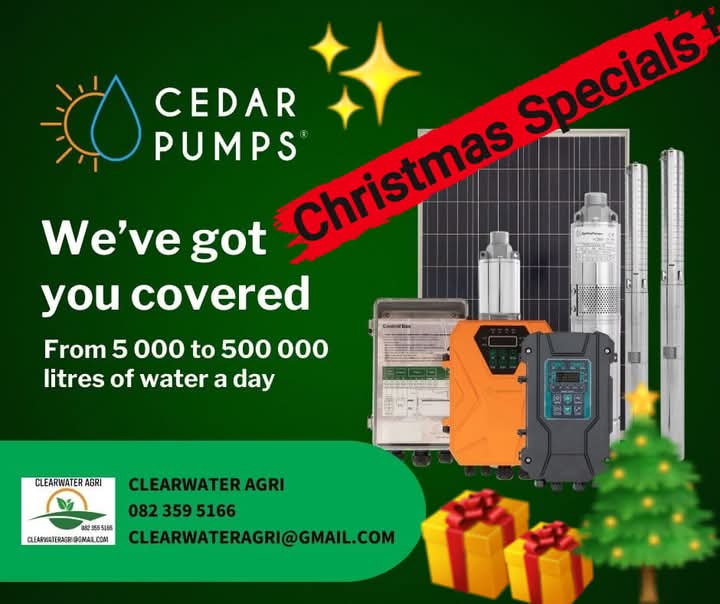 It's time to shop! Our Christmas Sale is now on until 17 December, featuring top-quality solar pumps for boreholes, irrigation, and water management at exceptional prices !💰⚡️☀️💦

Contact us today : 082 359 5166