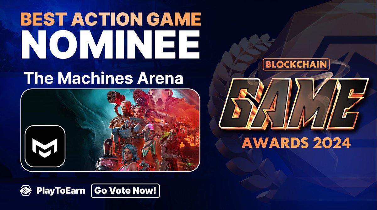 themachinesgame's tweet photo. We're excited to announce that we are nominated in two categories for the @PlayToEarn Blockchain Game Awards!

- Best Action Game 
- Best Shooter Game  

We'd love your support in both these categories.  

Voting links are below ⏬