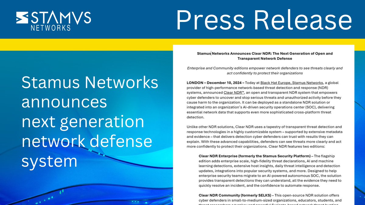 StamusN's tweet photo. Stamus Networks launches Clear NDR™ – an open &amp; transparent NDR system.

-See threats clearly
-Act confidently
-Protect your org

Available in Enterprise &amp; Community editions.

Learn more: https://t.co/fhR89Uh2ii

#CyberSecurity #ClearNDR #BlackHatEurope #ThreatDetection https://t.co/P3gnZJ4q7O