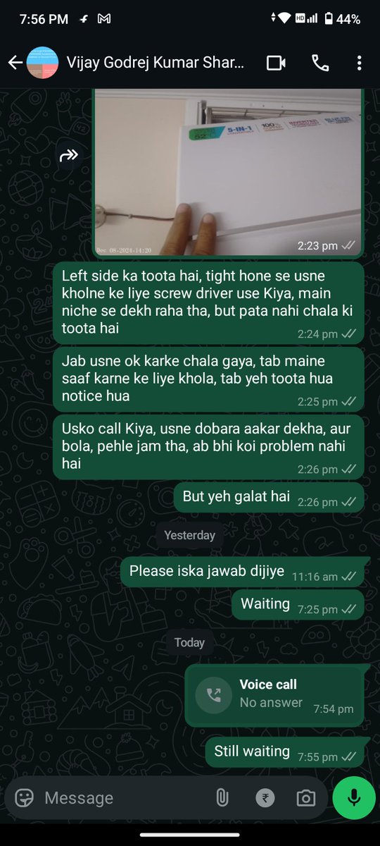 iam_aj74's tweet image. @GodrejAppliance enclosing ss of damages done by your service. Customer care says, talk to service centre, service centre head doesn't reply or update  #poorworkmanship #godrejac #godrejsplitac . Please help
