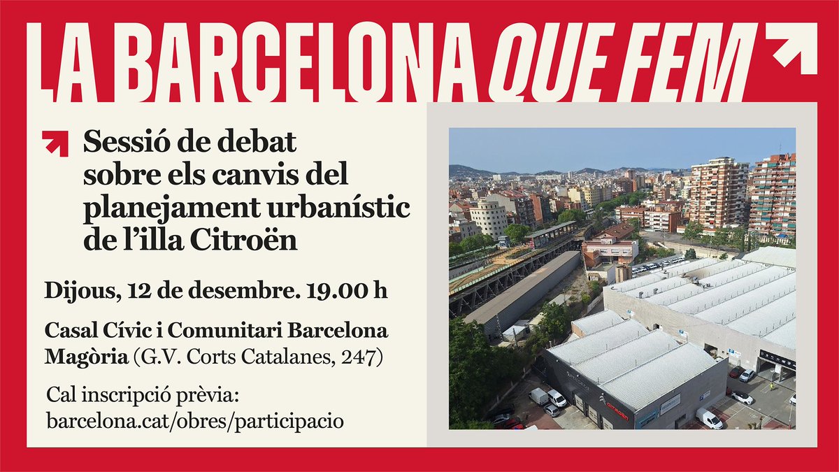 BCN_SantsMont's tweet photo. Sessió inicial de debat obert sobre els canvis del planejament urbanístic de l'illa Citroën, a #laBordeta.

Per informar-te'n i dir-hi la teva, apunta't a través de @DecidimBCN i vine:
🗓️ Dijous 12/12
🕖 18 h
📍 Casal Magòria
👉🏽 https://t.co/fuZrfmIvvx https://t.co/6uMtwSH2Vl