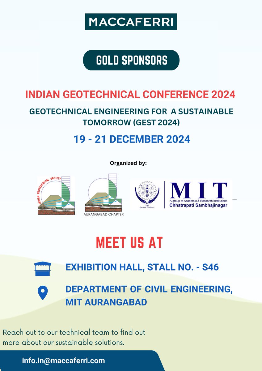 MaccaferriWorld's tweet image. #MaccaferriIndia is proud to be a #GoldSponsor at Indian Geotechnical Conference 2024 (#IGC2024), organized by the Indian Geotechnical Society, the Indian Geotechnical Society – Aurangabad Chapter, and #MITAurangabad  from 19th to 21st December 2024 at MIT Aurangabad, #India.