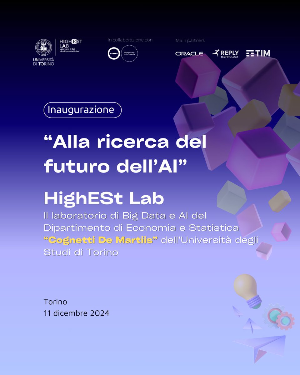 PaolaPisano77's tweet photo. 📅 Domani ore 11:00 inauguriamo #HighEStLab, il nuovo laboratorio di #BigData e #IntelligenzaArtificiale dell’@Unito. Realizzato #Oracle, #TechnologyReply  &amp; #TIMEnterprise per trasformare l’#AI in una tecnologia di opportunità per la società, l’economia e l’ambiente. 🌍✨ https://t.co/Q8uhwKRuvn