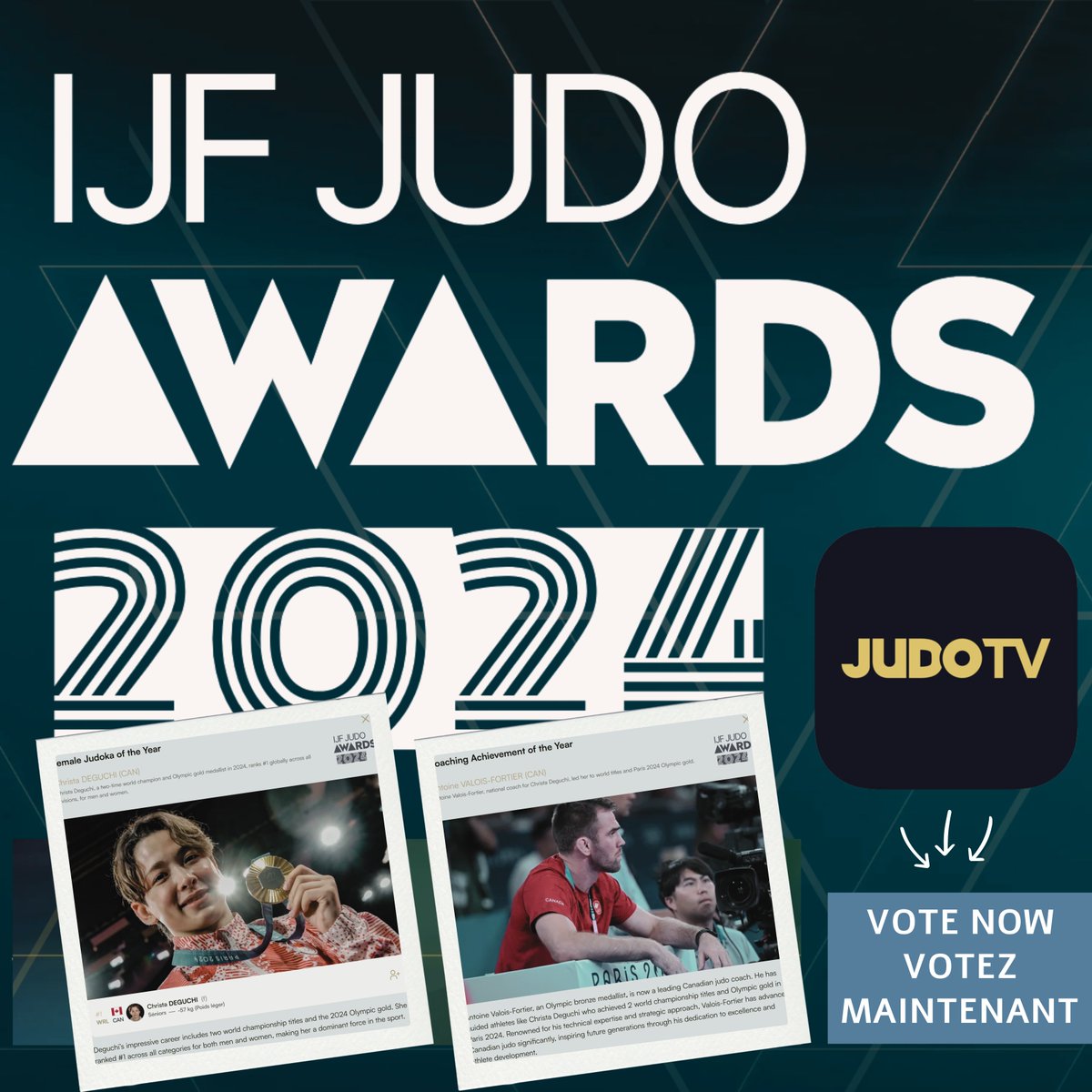 Call to action. It’s time to vote!
Appel à tous. C’est le temps de voter!
<a href="/10CMD29/">出口クリスタ/Christa Deguchi</a> 👏 &amp; <a href="/antoine_vf/">Antoine Valois-F</a>  🥳
👉 judotv.com/awards
#judo #judocanada #deguchi #valoisfortier #coachoftheyear #femaleathleteoftheyear #ijfawards #awards #2024
