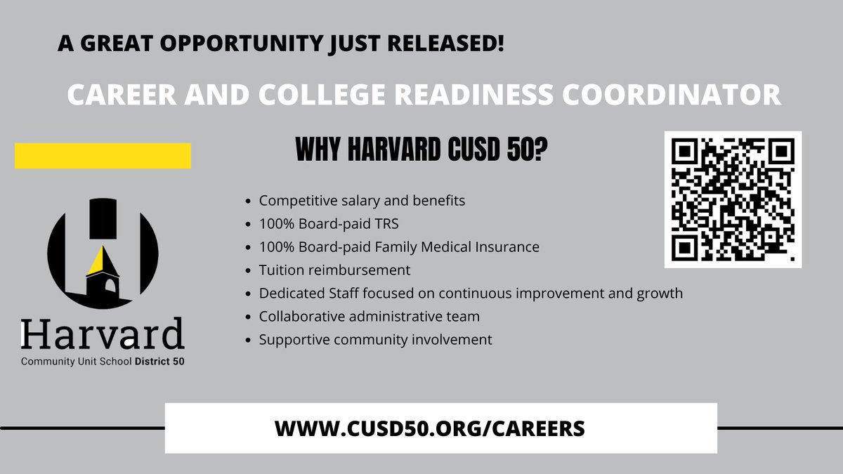 We're hiring! Join our team as a Career and College Readiness Coordinator and help shape the future of our students. Competitive salary, amazing benefits, and a chance to make a difference! #HarvardRising #AVID 

Apply now: cusd50.tedk12.com/hire/ViewJob.a…… #JobOpening