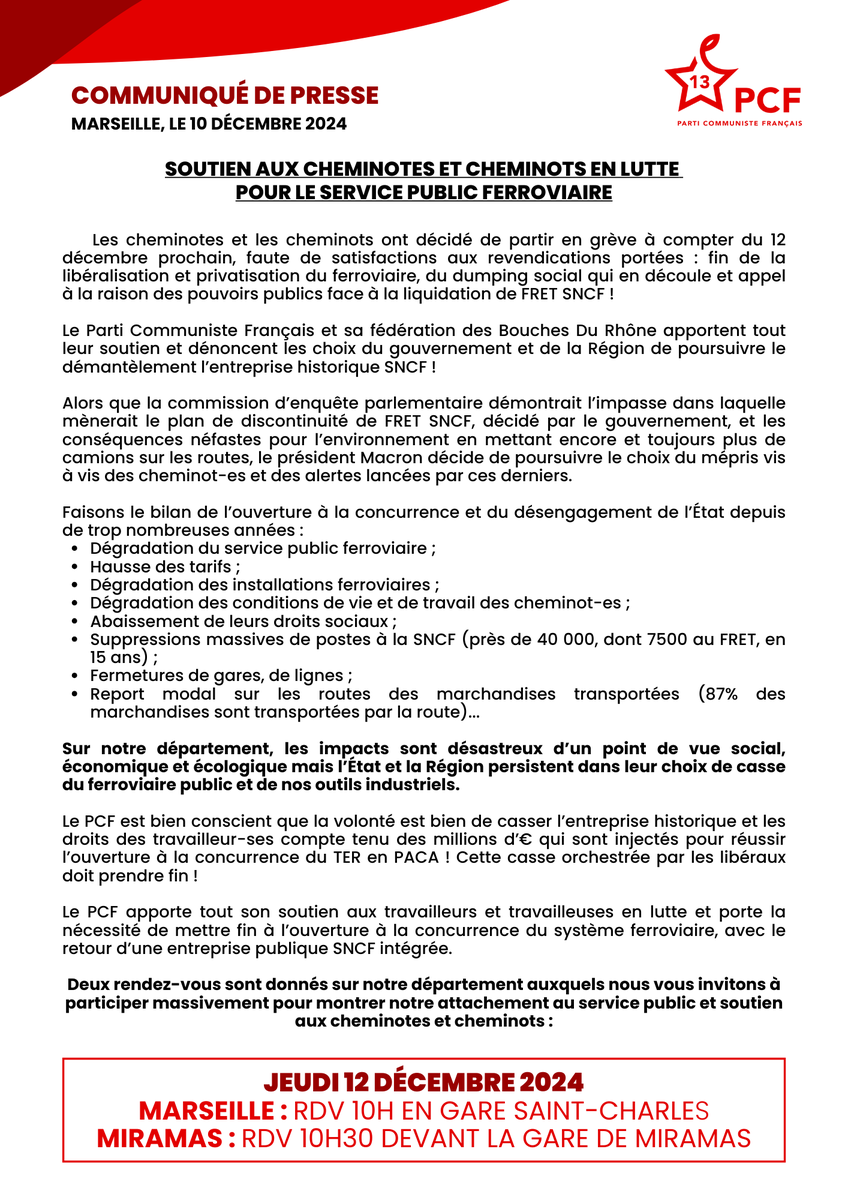 🚨 SOUTIEN AUX CHEMINOT·ES : POUR LE SERVICE PUBLIC FERROVIAIRE ! 🚆
✊ RASSEMBLEMENTS 12 DÉCEMBRE :
➡ MARSEILLE : 10h, gare Saint-Charles
➡ MIRAMAS : 10h30, devant la gare
Mobilisation contre la privatisation et la casse du service public ferroviaire ! #PCF13 #Grève12Décembre