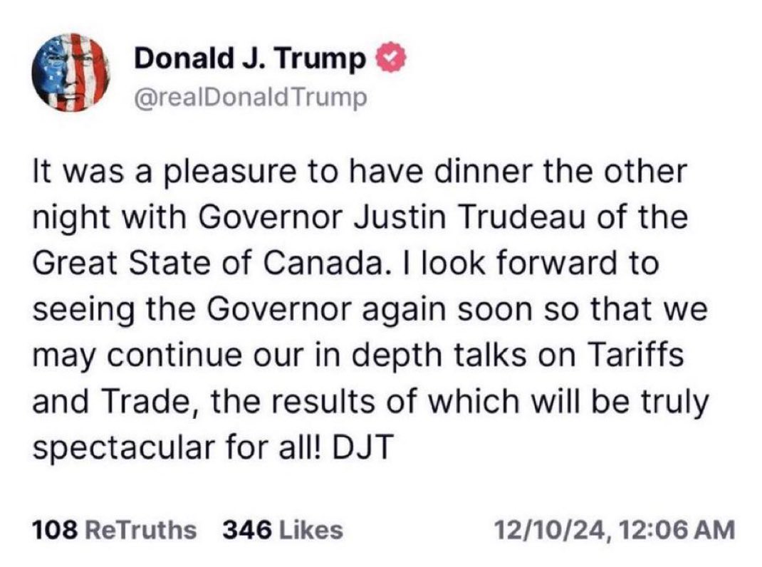 AlertaNevvs24's tweet photo. 🇺🇸🇨🇦 | El presidente electo de Estados Unidos, Donald Trump, compartió una publicación en Truth Social en la que llamó a Justin Trudeau el “Gobernador del Gran Estado de Canadá” y dijo que hablaron sobre aranceles y comercio. https://t.co/bzJEFZ8t6Z