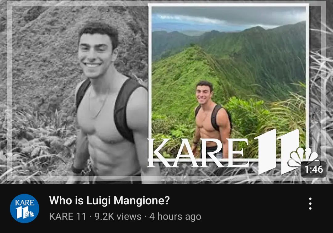 Rundown of how local TV news is covering the arrest of the United Healthcare CEO killer.

Fox 9: perp walk 
WCCO: mug shot
Kare 11: zoom in on those abs