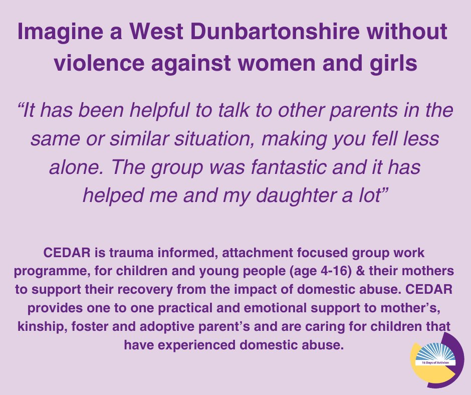 West Dunbartonshire Council (@wdcouncil) on Twitter photo To conclude the last day of the global campaign: 16 Days of Activism against gender-based violence, we're highlighting some of the services which are available in West Dunbartonshire.
You can self-refer or request further information:
0141 562 8800
cedar@west-dunbarton.gov.uk To conclude the last day of the global campaign: 16 Days of Activism against gender-based violence, we're highlighting some of the services which are available in West Dunbartonshire.
You can self-refer or request further information:
0141 562 8800
cedar@west-dunbarton.gov.uk