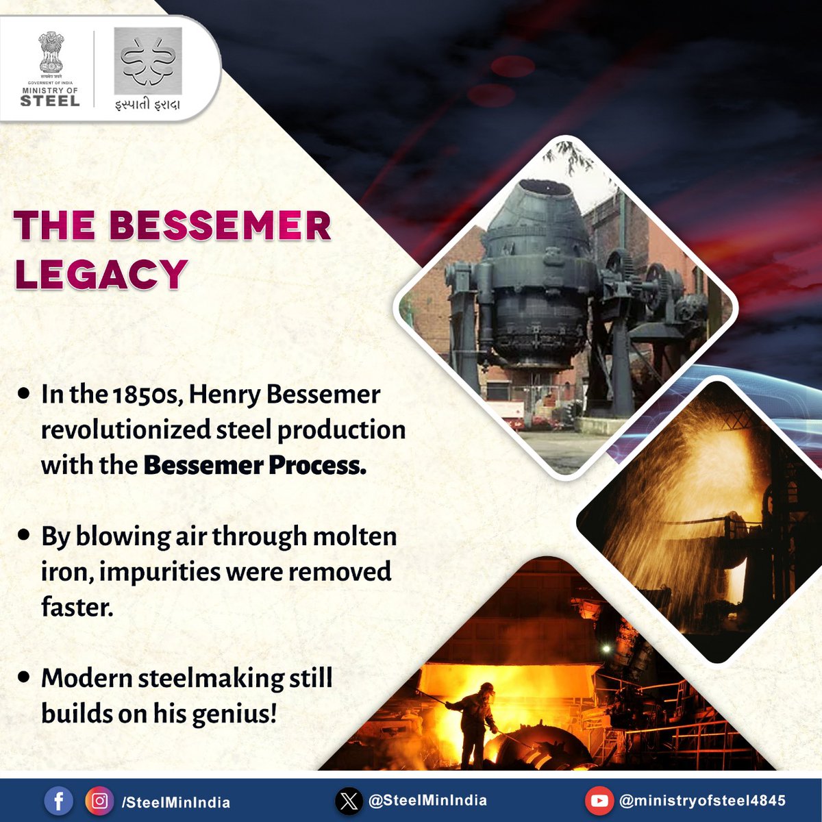 SteelMinIndia's tweet photo. From Bessemer’s breakthrough to today’s innovations, steel has always been at the forefront of progress.🛠️
#SteelUnlocked #SteelHistory #Innovation #BessemerProcess https://t.co/HmC5UQR2mb