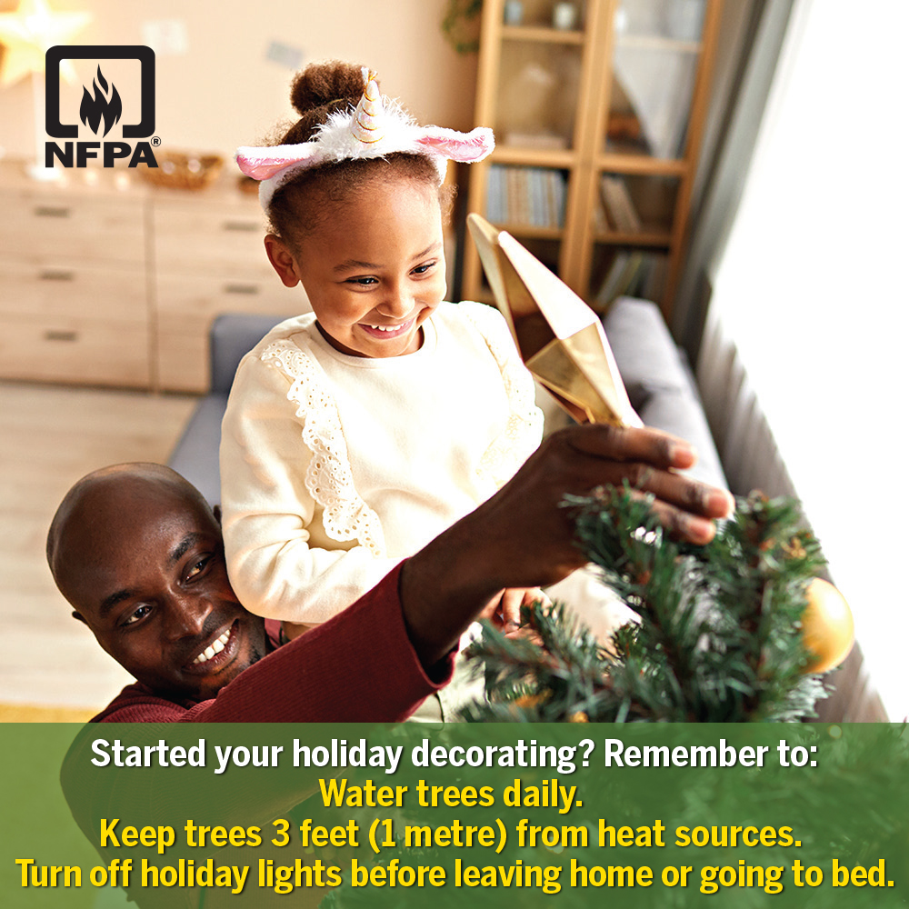 Keep your tree safe this holiday season! Add water daily, keep it 3 feet from heat sources, and turn off the lights before bed. Here’s to a joyful and safe start to the season! nfpa.org/holidays #HolidaySafety #ChristmasCheer #StaySafe