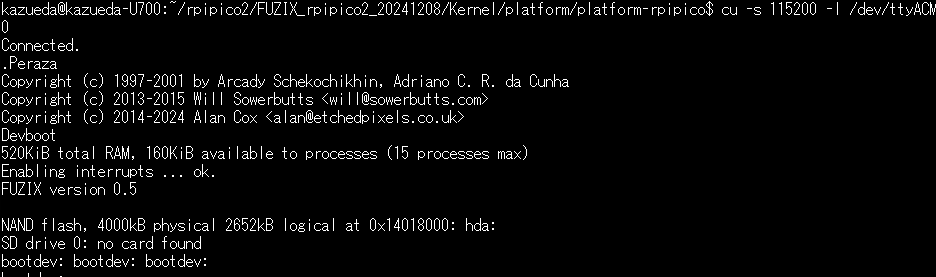 kazueda's tweet image. RP2350を搭載したRaspberry pi pico2でFuzix0.5の起動に挑戦しています。Linuxマシンからシリアル接続すると、起動しているようですが、SDカードにrootfsを探しに行く設定です。#fuzix #raspberrypipico2 #rp2350