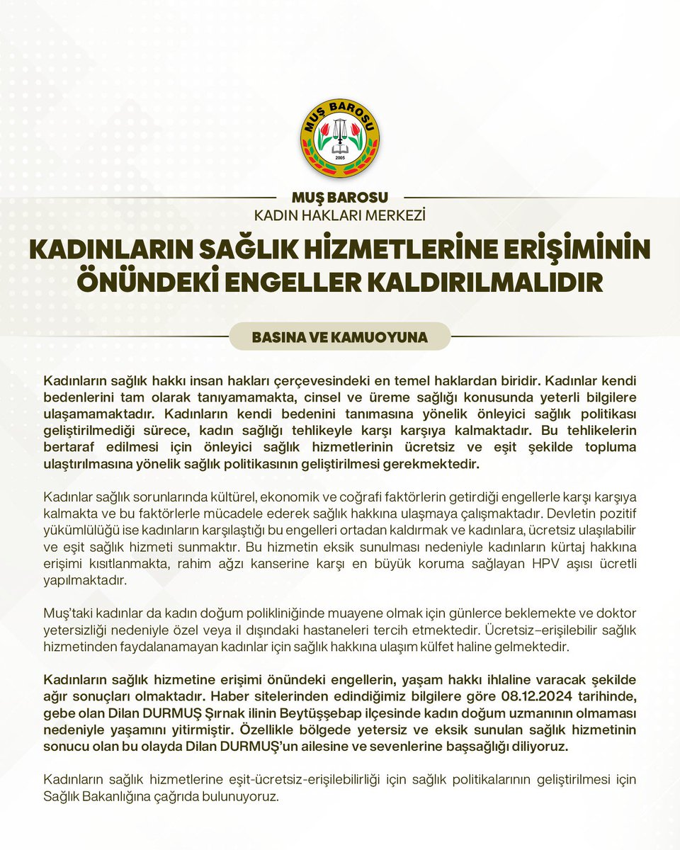 musbarosukhm's tweet photo. 08.12.2024 tarihinde Şırnak Beytüşşebap Hastanesinde yaşamını yitiren Dilan DURMUŞ’a ilişkin açıklamamızdır. https://t.co/0qdFL3cjik