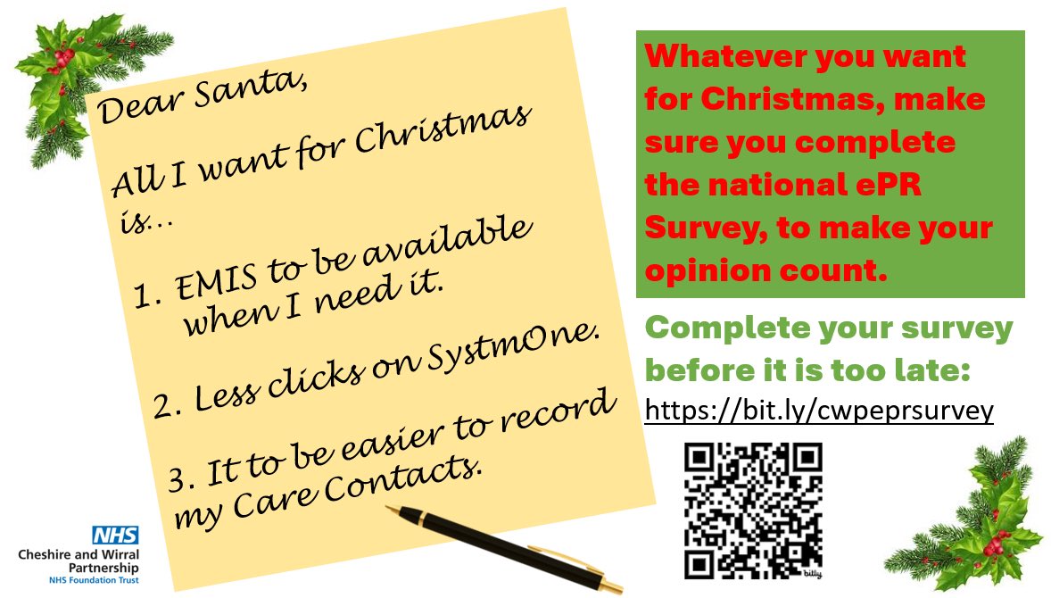 Peter Hardy (@petedhardy) on Twitter photo All <a href="/cwpnhs/">Cheshire and Wirral Partnership NHS FT</a> staff:
With only 15 sleeps to go, make sure you have sent your letter to Santa and make sure you have completed you ePR Survey to make your voice counts and see some improvements to <a href="/TPP_SystmOne/">TPP</a> , @EMISHealth and <a href="/pcmis/">PCMIS</a> .
bit.ly/cwpeprsurvey
<a href="/AnushtaS/">Anushta Sivananthan</a> All <a href="/cwpnhs/">Cheshire and Wirral Partnership NHS FT</a> staff:
With only 15 sleeps to go, make sure you have sent your letter to Santa and make sure you have completed you ePR Survey to make your voice counts and see some improvements to <a href="/TPP_SystmOne/">TPP</a> , @EMISHealth and <a href="/pcmis/">PCMIS</a> .
bit.ly/cwpeprsurvey
<a href="/AnushtaS/">Anushta Sivananthan</a>