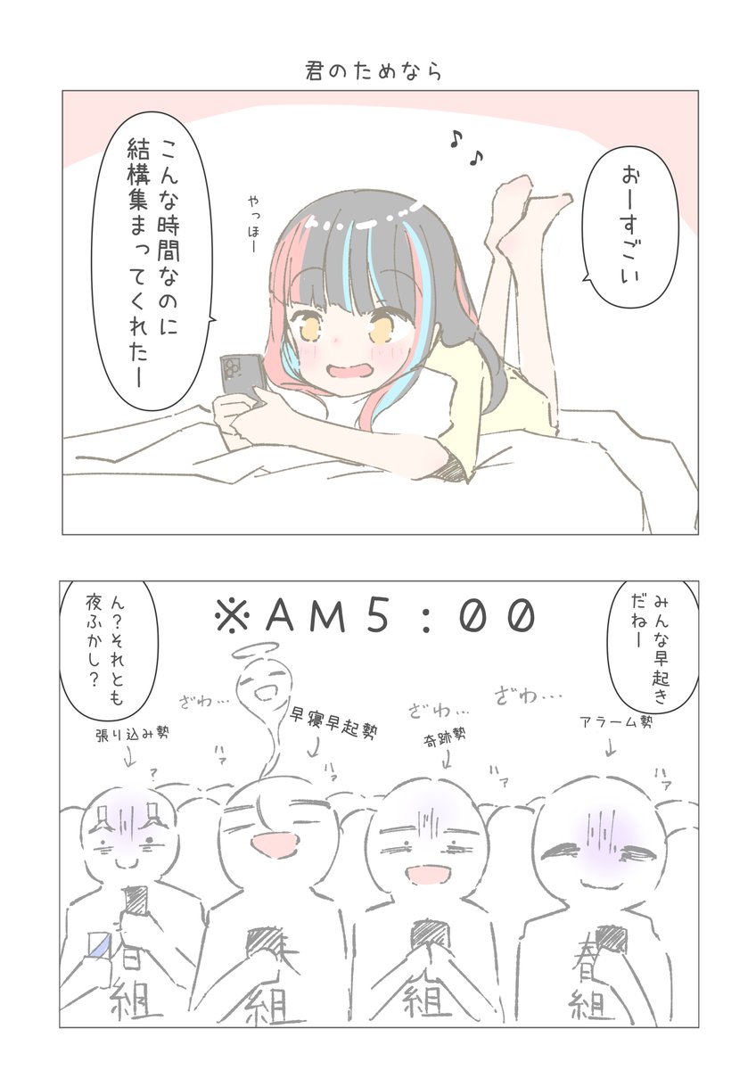 花「ヰ世界先生、春組の見分け方を教えて下さい」
ヰ「HaHaHa!そんなの簡単さHana!」
ヰ「奴らは5時に起きる」