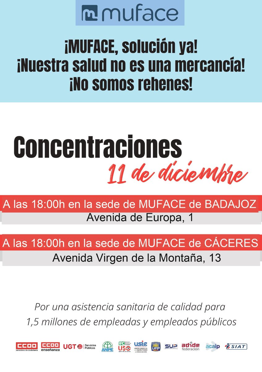 UGTSPEXT's tweet photo. 🚨¡BASTA YA! EXIGIMOS UNA SOLUCIÓN PARA MUFACE 🚨

👉 Exigimos un acuerdo inmediato que:
⚠️ Garantice una asistencia sanitaria de calidad.
⚠️ Detenga el deterioro de los servicios médicos.
⚠️ Asegure unas prestaciones dignas y mejoradas.

#UGTExtremadura #DerechosYA #MUFACE https://t.co/gSsRY58t8y