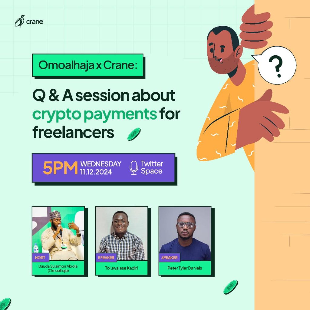 omoalhajaabiola's tweet photo. Even with big ambitions, many freelancers struggle to scale their business due to payment issues with their clients

- clients uploading needless documents
- ⁠delay in processing time during weeends
- ⁠huge percentage lost as a result of receiving or conversion fee

Crane is here to change that 

On Wednesday by 5pm, I will be chatting with the crane team about what crypto payment means for African freelancers

Got a question about Crane and how to scale your freelancing? Come and let’s have a heart2heart talk in preparation for 2025

Will you attend?