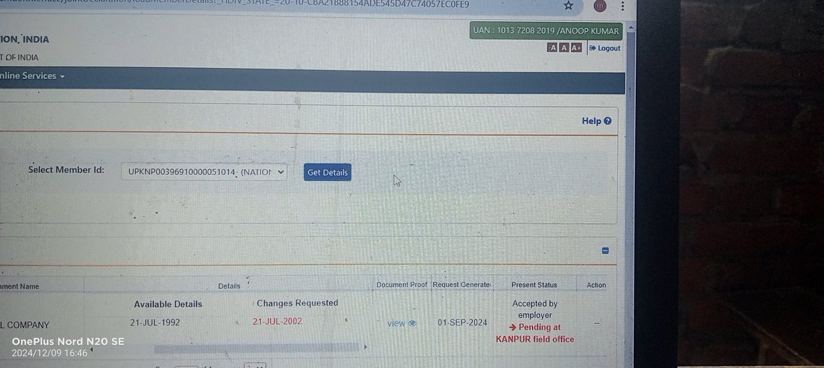 Ram969010's tweet photo. @socialepfo 

सर यह मेरा कानपुर लेवल पर पेंडिंग पड़ा हुआ है कानपुर पीएफ ऑफिस पर पेंडिंग है डेट ऑफ बर्थ सर कृपया इसको अप्रूवल कर दे आपकी अति कृपा होगी धन्यवाद मेरा उन नंबर 101372082019 https://t.co/ly9ZO1Cv72