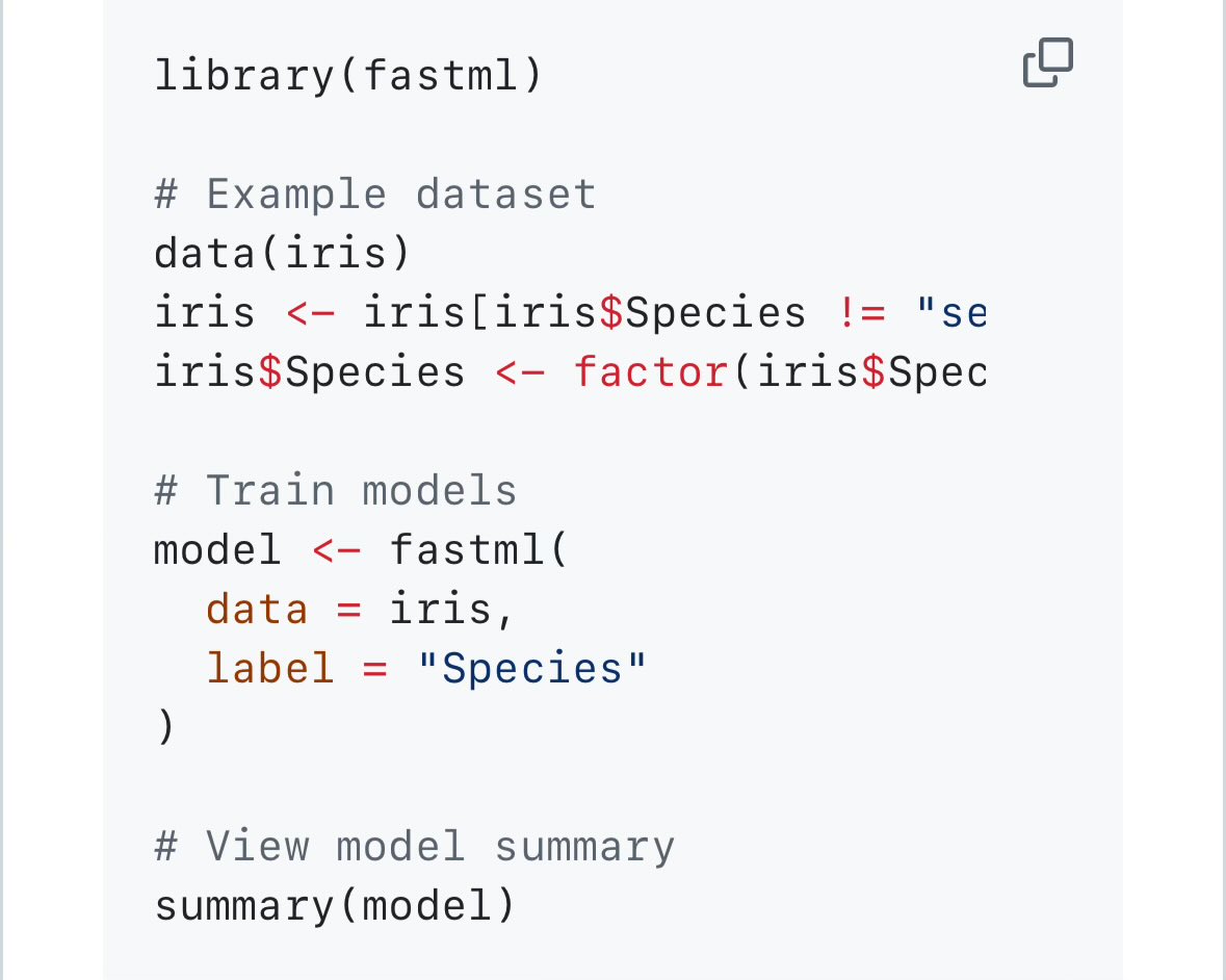Introducing fastml: your all-in-one R package for streamlined machine learning workflows! Whether it’s classification or regression, fastml handles automatic data splitting, preprocessing, model training, hyperparameter tuning, and evaluation—no heavy lifting required.

Just
