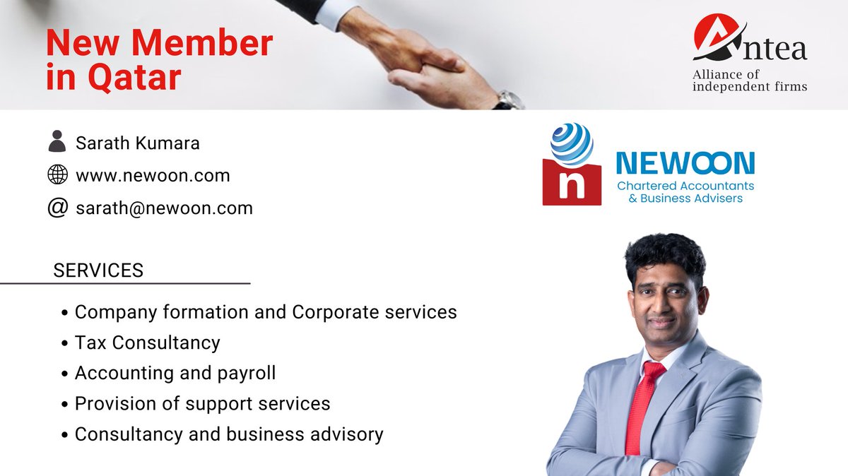 AnteaAlliance's tweet image. Based in Qatar, #Newoon brings expertise in supporting businesses with governance, tax, and compliance services. Their strong connections across the Middle East strengths ANTEA’s global presence.

👉lnkd.in/dnP_2V69

#Newmember #AnteaAlliance #Qatar #GlobalAssociation