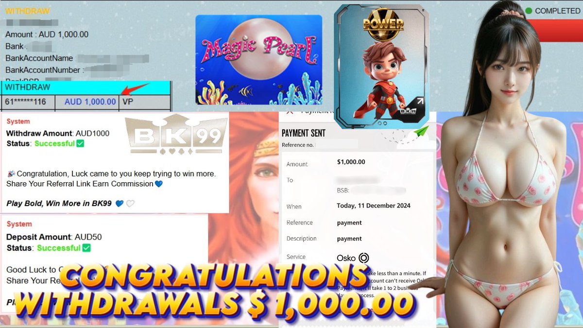 Bk01135350868's tweet photo. 🩵𝐁𝐊𝟗𝟗 LUCKY MEMBER WITHDRAW🤍
💵DEPOSIT AMOUNT : AUD 50
💵WITHDRAW AMOUNT : AUD 1000
🕹PLATFORM : VPOWER
🕹GAME : MAGIC PEARL
🎊"Play Bold, Win Big With 𝐁𝐊𝟗𝟗"🎊
🌐24Hours Customer Service https://t.co/0Zyn5mOBFM
🌐Register Now https://t.co/A34MPH0XXP https://t.co/G6YuymSE79