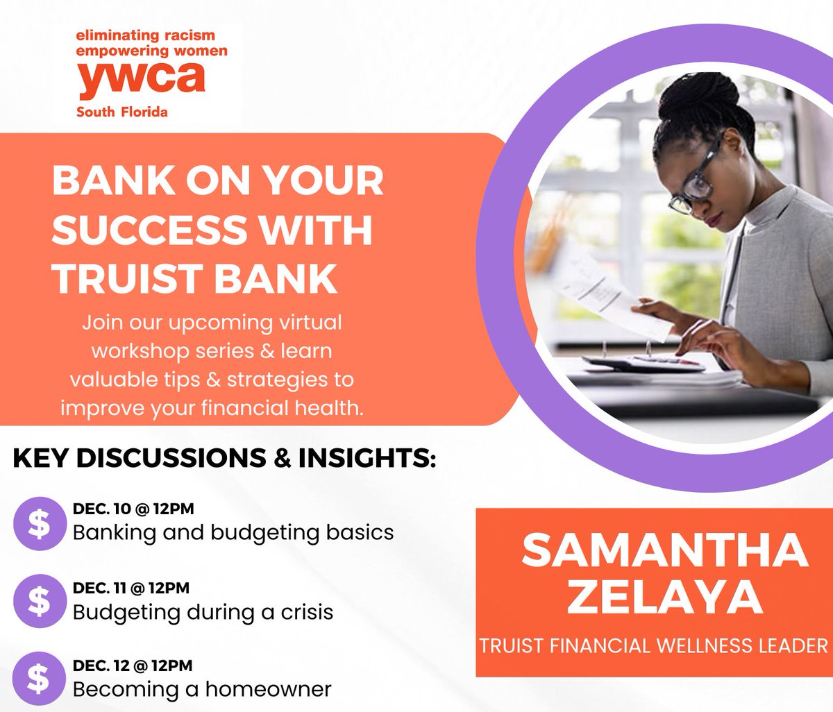 YWCAsouthfl's tweet photo. Don't miss our FREE three-part virtual financial literacy workshop series designed to empower individuals, families, and small business owners with essential money management skills. Register now and take control of your financial future: https://t.co/xPu7WXkMEM https://t.co/AXM5pdisku