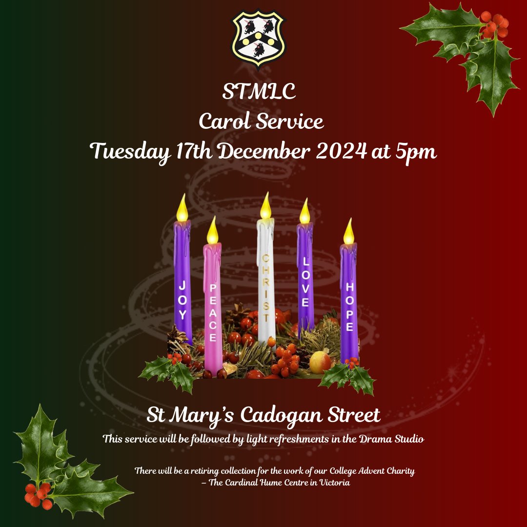 Our STMLC community are welcome to attend our annual Carol Service on Tuesday 17th December 2024 at 5:00PM at St Mary's Cadogan Street.