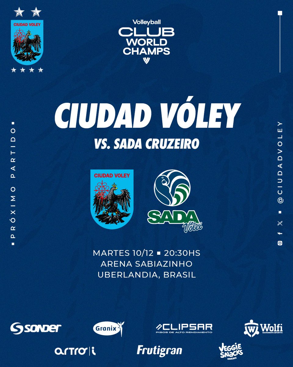 CiudadVoley's tweet photo. #MenCWCH ¡Arranca el Mundial de Clubes! 🤩🤩
🏐 Ciudad 🆚 Sada Cruzeiro
🗓️ Martes 10/12
⏰ 20:30hs
🏟️ Arena Sabiazinho
📺 https://t.co/xf9GwNdRHS
¡Juntos! ⚔️
#VamosMuni https://t.co/iUsa8ym9lr