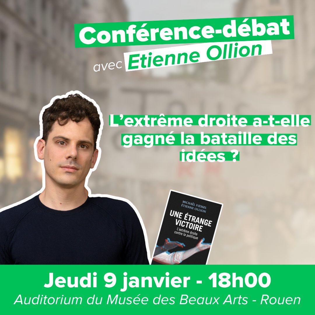 Le 9 janvier prochain, nous avons le plaisir de recevoir <a href="/eollion/">Étienne Ollion</a> pour une conférence autour du livre dont il est co-auteur "Une étrange victoire, l'extrême droite contre la politique". 

RDV à 18h00 à l'Auditorium du Musée des Beaux Arts, inscription  : forms.gle/nvJGKhET9oh37C…
