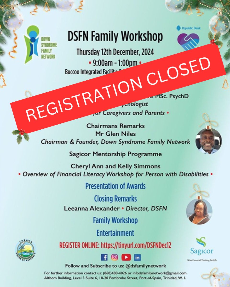 📢 Update: Registration Now Closed

Our December 12th Family Workshop at Buccoo Integrated Facility is now CLOSED!

Thank you for the overwhelming response from our Tobago community! If you missed registration, stay tuned for our 2025 workshop calendar.

#Education #DownSyndrome
